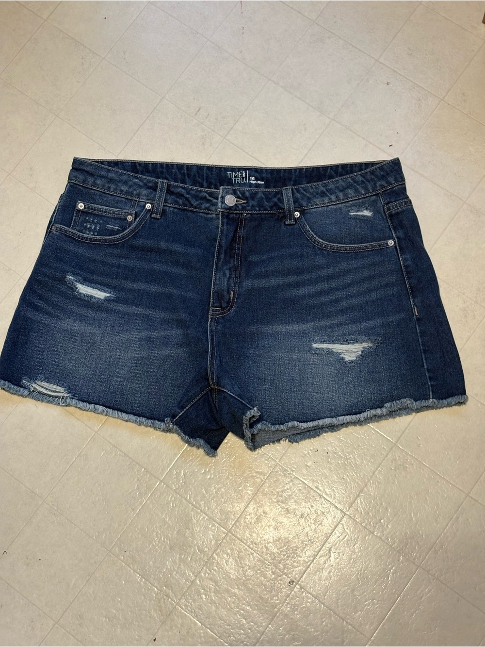 Time and Tru Dark Indigo Distressed Denim Shorts Size 16